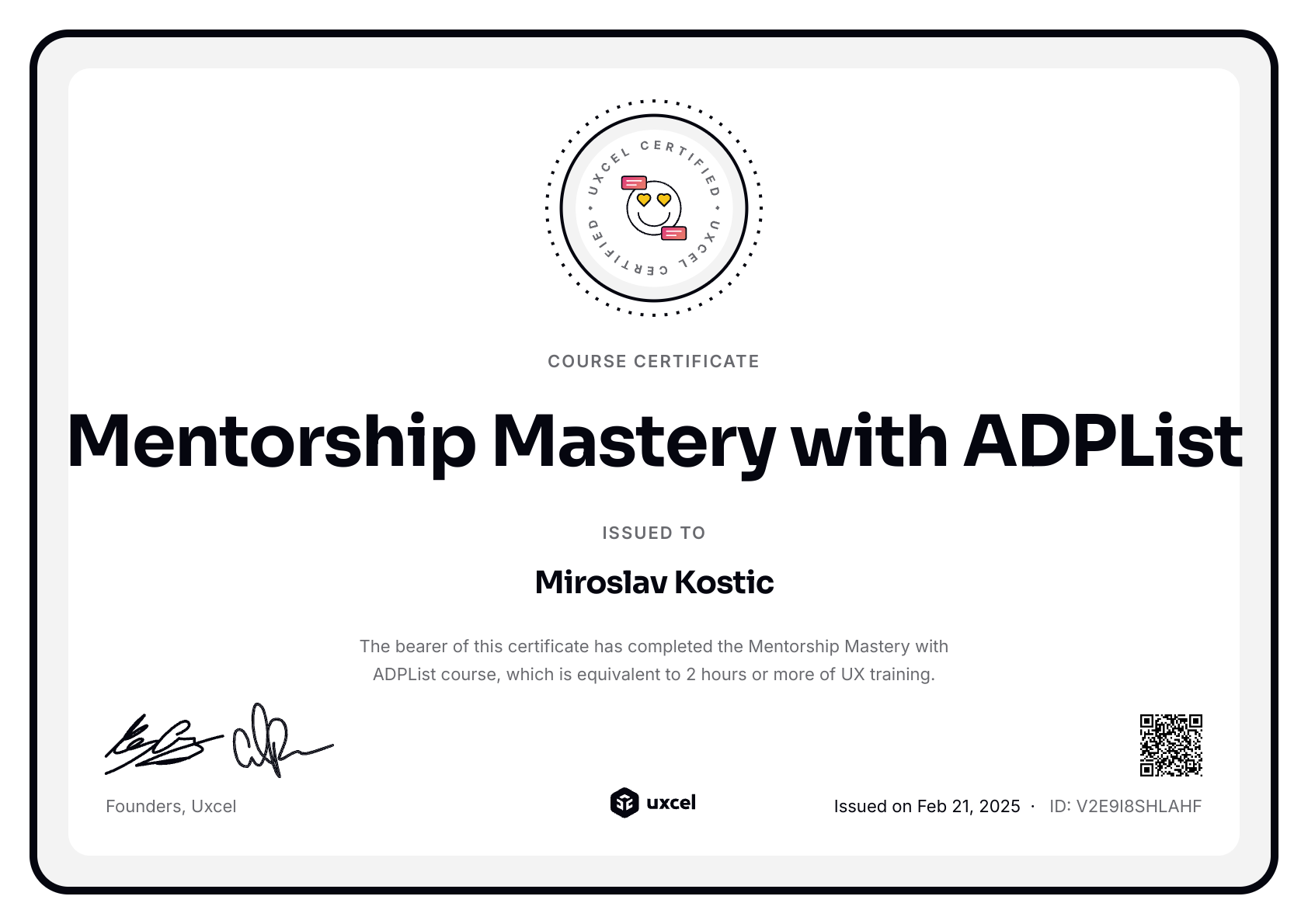 Miroslav Kostic's certificate